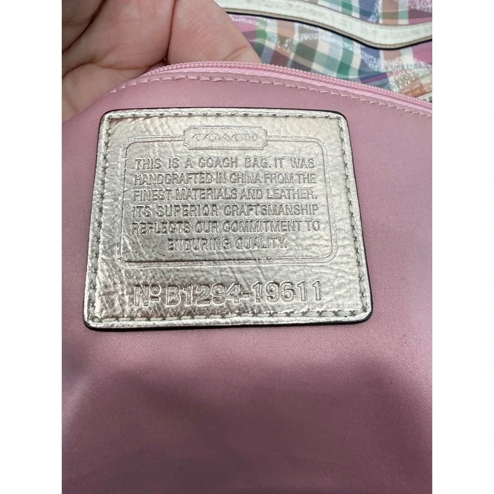 Coach 19611 Madras Signature Sequin Shoulder Tote Bag Pink Pastel Plaid Purse
